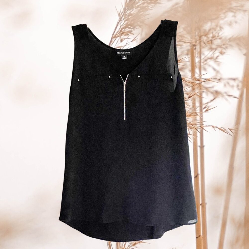 Black Sleeveless Blouse with Zipper — Black Stone Capsule (S)